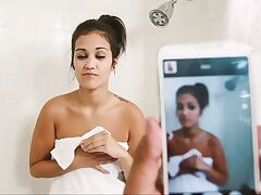 Pretty horny chick Devyn Heart gets banged by her  brothers long hard shaft after she agreed not to show to everyone her video scandal where she was masturbating inside the bathroom.